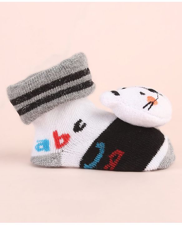 Cute Walk by Babyhug Ankle Length Socks Shoes With Animal Applique & Stripes - Grey