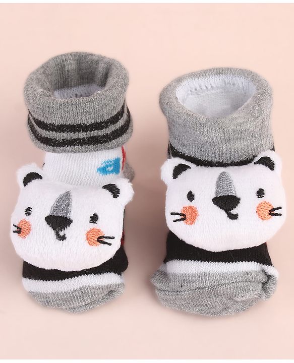 Cute Walk by Babyhug Ankle Length Socks Shoes With Animal Applique & Stripes - Grey