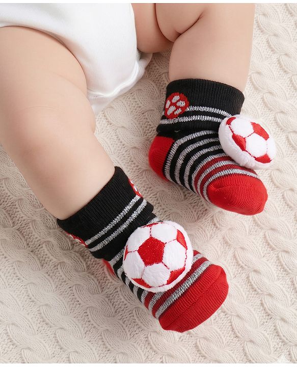 Cute Walk by Babyhug Ankle Length Socks Shoes With Ball Applique & Stripes - Multicolour