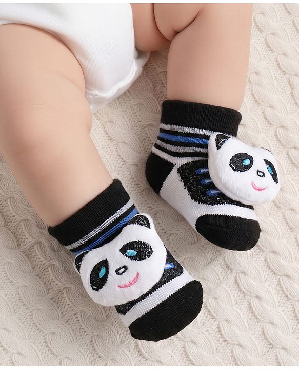 Cute Walk by Babyhug Ankle Length Socks Shoes With Panda Applique & Stripes - Black