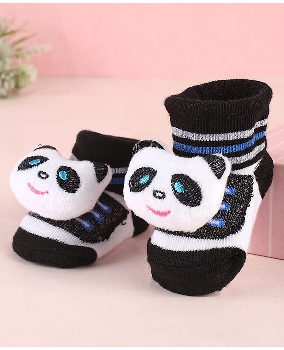 Cute Walk by Babyhug Ankle Length Socks Shoes With Panda Applique & Stripes - Black