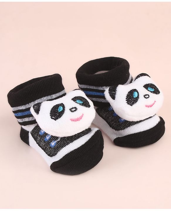 Cute Walk by Babyhug Ankle Length Socks Shoes With Panda Applique & Stripes - Black