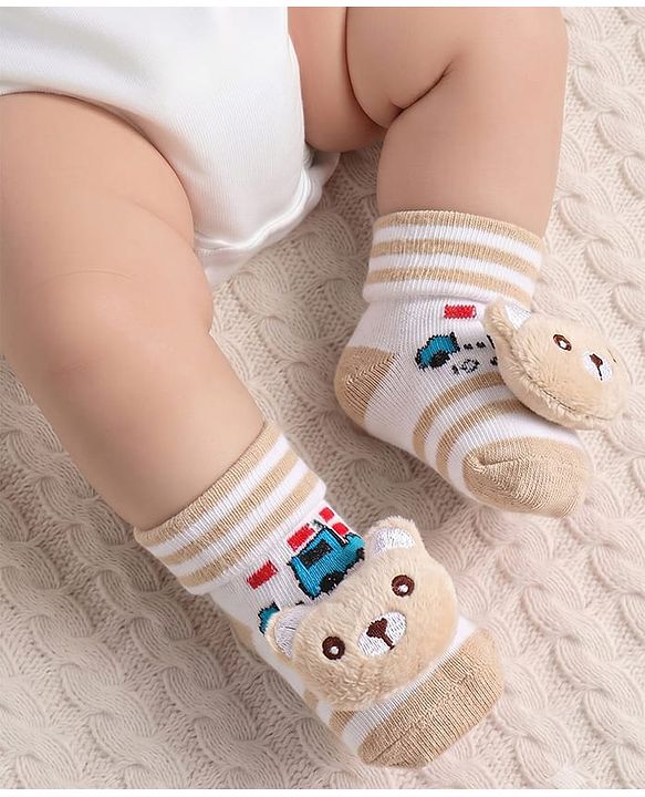 Cute Walk by Babyhug Ankle Length Socks Shoes With Animal Applique & Stripes - Cream