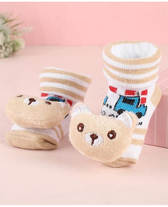 Cute Walk by Babyhug Ankle Length Socks Shoes With Animal Applique & Stripes - Cream