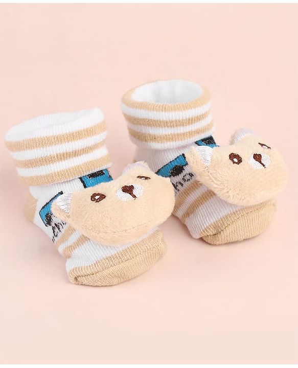 Cute Walk by Babyhug Ankle Length Socks Shoes With Animal Applique & Stripes - Cream