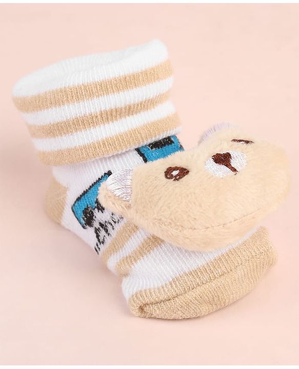 Cute Walk by Babyhug Ankle Length Socks Shoes With Animal Applique & Stripes - Cream