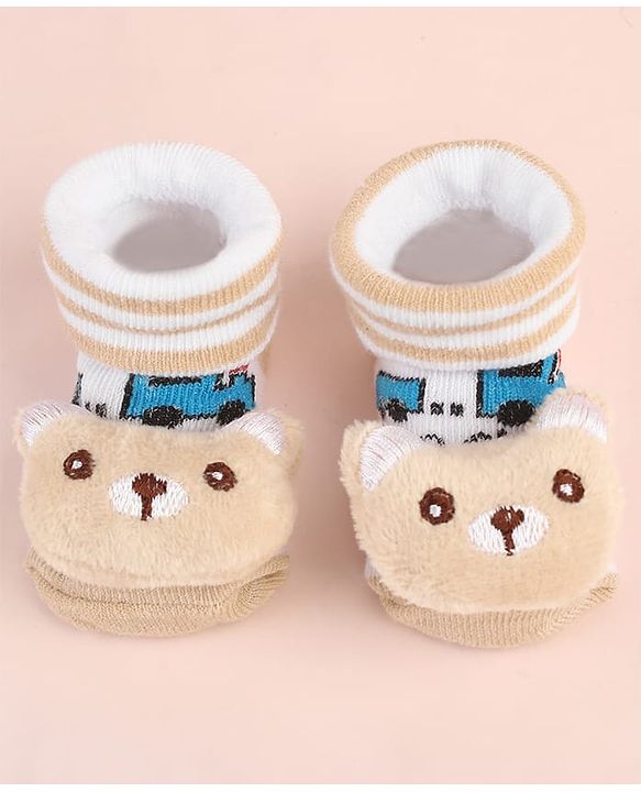 Cute Walk by Babyhug Ankle Length Socks Shoes With Animal Applique & Stripes - Cream
