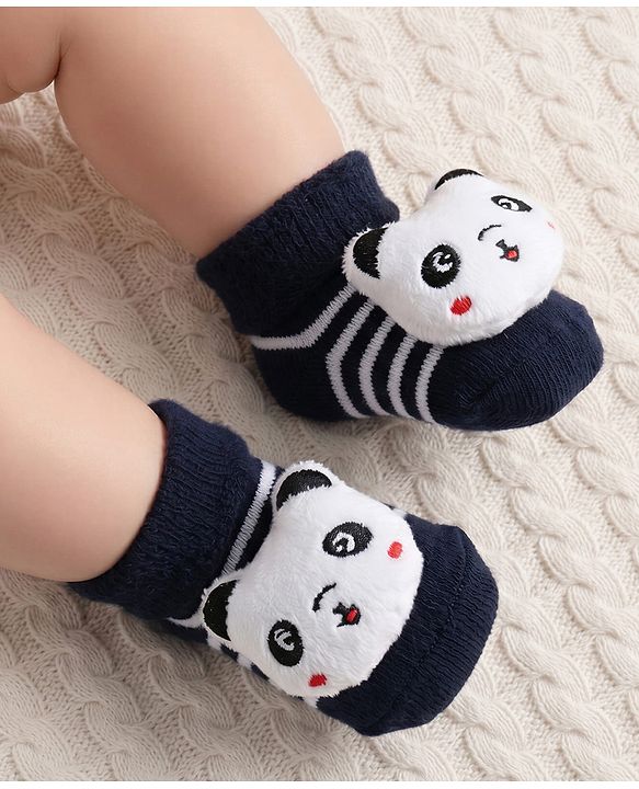 Cute Walk by Babyhug Ankle Length Socks Shoes With Panda Applique & Stripes - Black