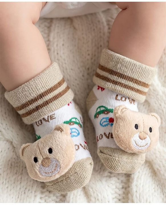 Cute Walk by Babyhug Ankle Length Socks Shoes With Animal Applique & Stripes - Cream