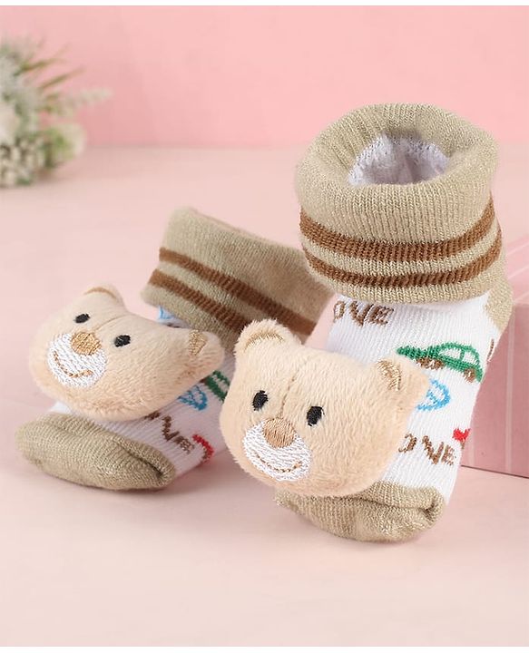 Cute Walk by Babyhug Ankle Length Socks Shoes With Animal Applique & Stripes - Cream