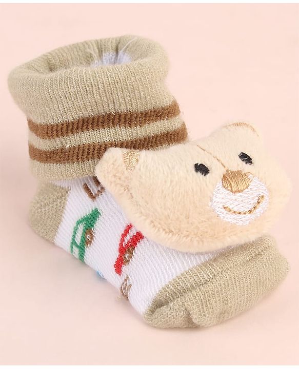 Cute Walk by Babyhug Ankle Length Socks Shoes With Animal Applique & Stripes - Cream