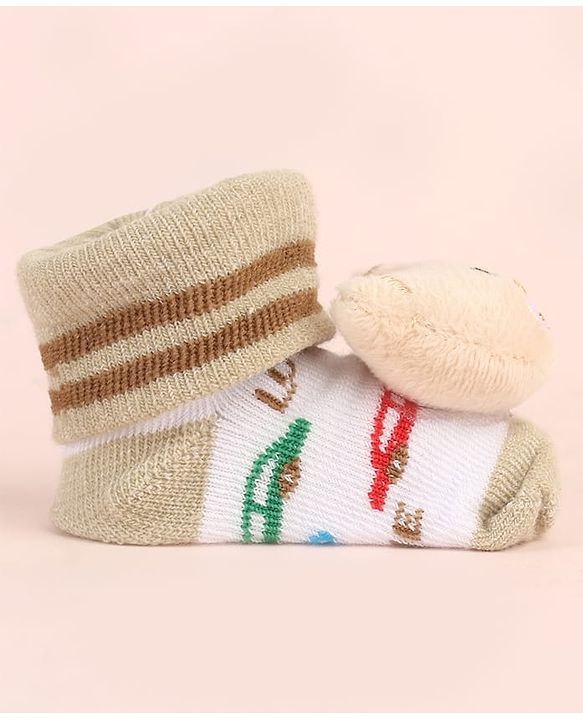 Cute Walk by Babyhug Ankle Length Socks Shoes With Animal Applique & Stripes - Cream