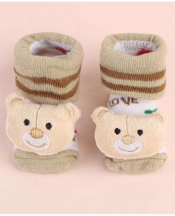 Cute Walk by Babyhug Ankle Length Socks Shoes With Animal Applique & Stripes - Cream