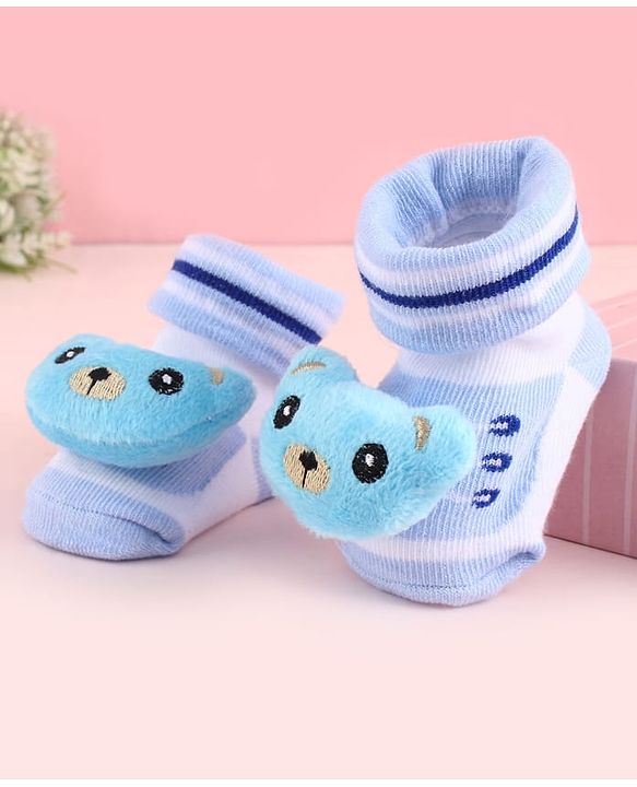 Cute Walk by Babyhug Fabric Socks Shoes With Large Teddy Bear Applique - Light Blue