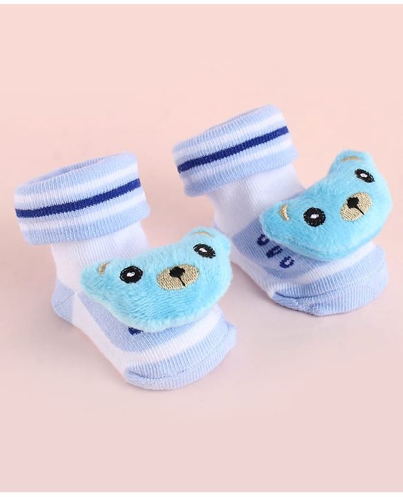Cute Walk by Babyhug Fabric Socks Shoes With Large Teddy Bear Applique - Light Blue