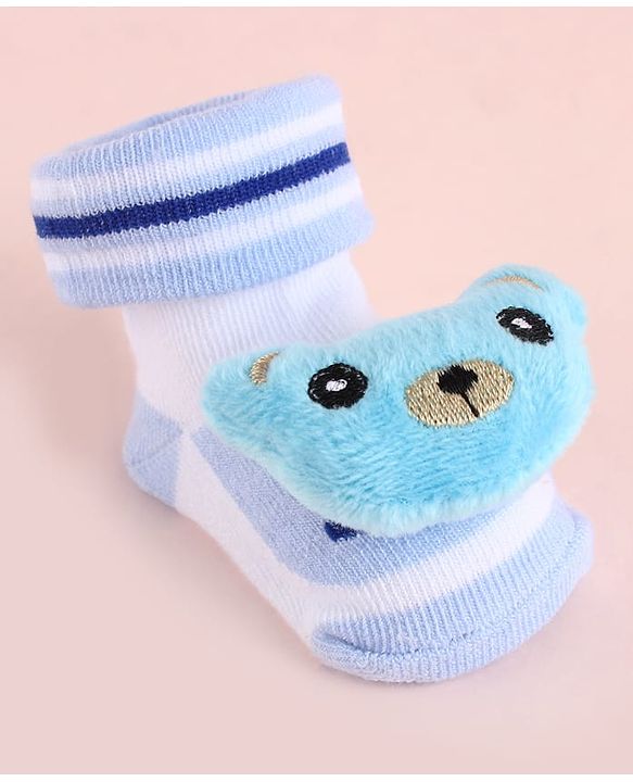 Cute Walk by Babyhug Fabric Socks Shoes With Large Teddy Bear Applique - Light Blue