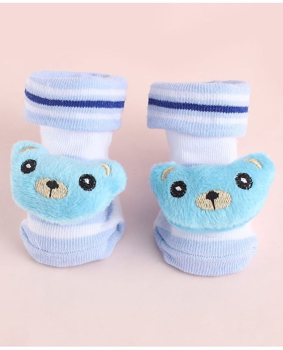Cute Walk by Babyhug Fabric Socks Shoes With Large Teddy Bear Applique - Light Blue
