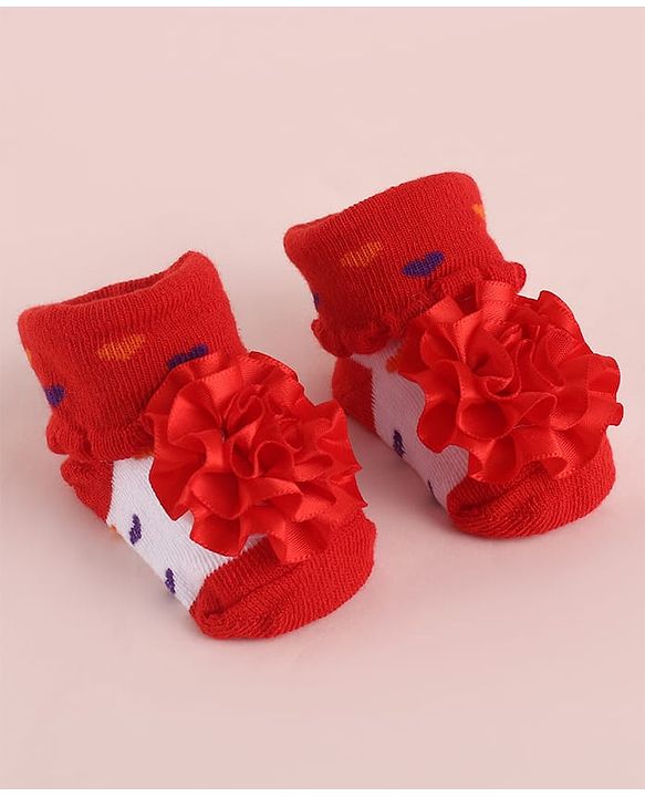 Cute Walk by Babyhug Fabric Socks Shoes With Large Floral Applique - Red