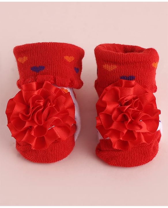 Cute Walk by Babyhug Fabric Socks Shoes With Large Floral Applique - Red