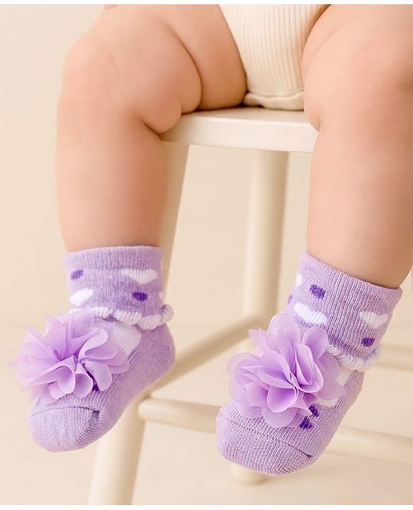 Cute Walk by Babyhug Ankle Length Socks Shoes With Floral Applique & Hearts Design - Purple