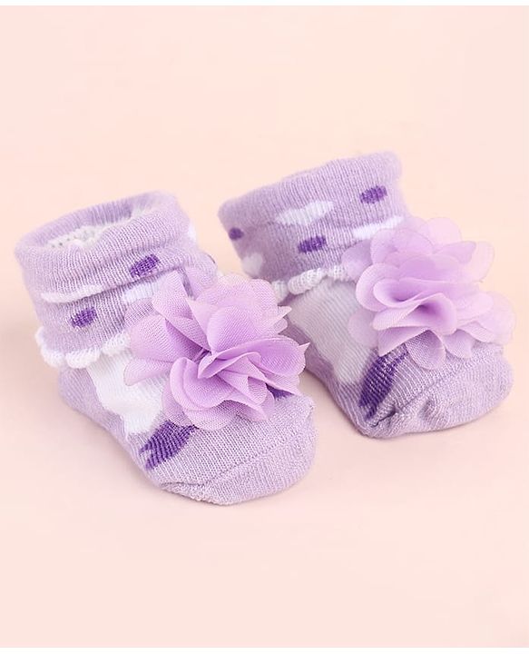Cute Walk by Babyhug Ankle Length Socks Shoes With Floral Applique & Hearts Design - Purple