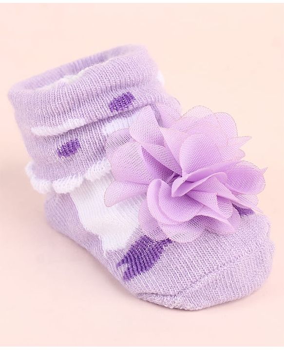 Cute Walk by Babyhug Ankle Length Socks Shoes With Floral Applique & Hearts Design - Purple