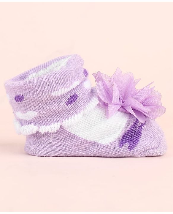 Cute Walk by Babyhug Ankle Length Socks Shoes With Floral Applique & Hearts Design - Purple