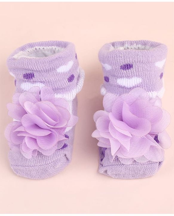 Cute Walk by Babyhug Ankle Length Socks Shoes With Floral Applique & Hearts Design - Purple