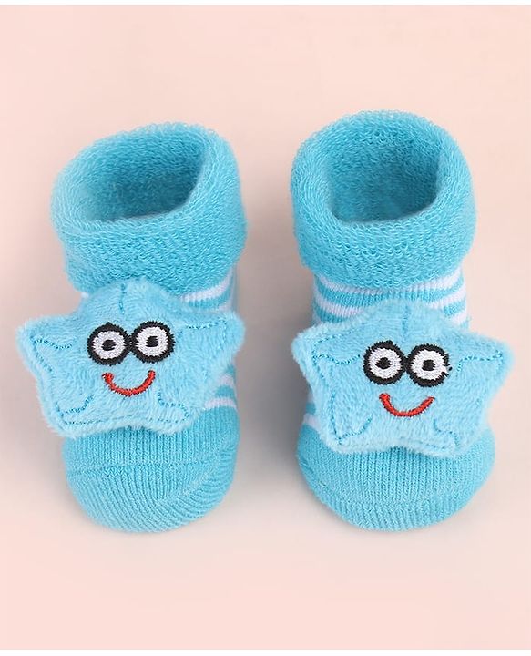 Cute Walk by Babyhug Ankle Length Socks Shoes With Star Applique & Stripes - Light Blue