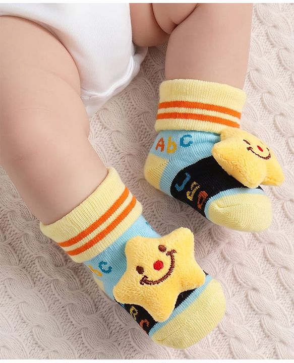 Cute Walk by Babyhug Fabric Ankle Length Socks Shoes with Alphabet Design & Star Applique- Yellow & Black