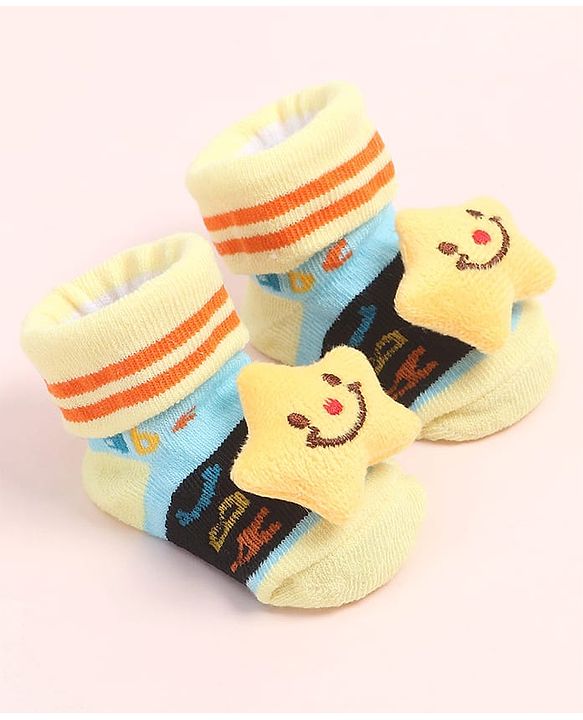 Cute Walk by Babyhug Fabric Ankle Length Socks Shoes with Alphabet Design & Star Applique- Yellow & Black