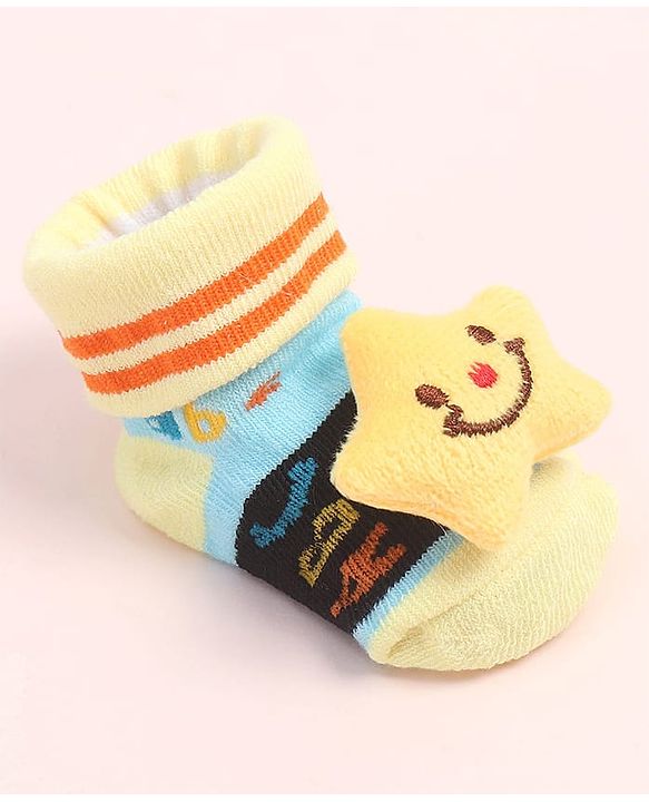 Cute Walk by Babyhug Fabric Ankle Length Socks Shoes with Alphabet Design & Star Applique- Yellow & Black