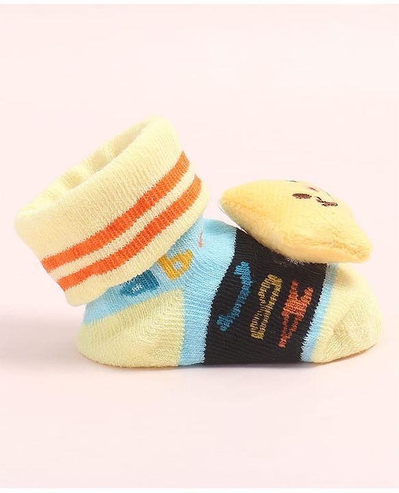 Cute Walk by Babyhug Fabric Ankle Length Socks Shoes with Alphabet Design & Star Applique- Yellow & Black