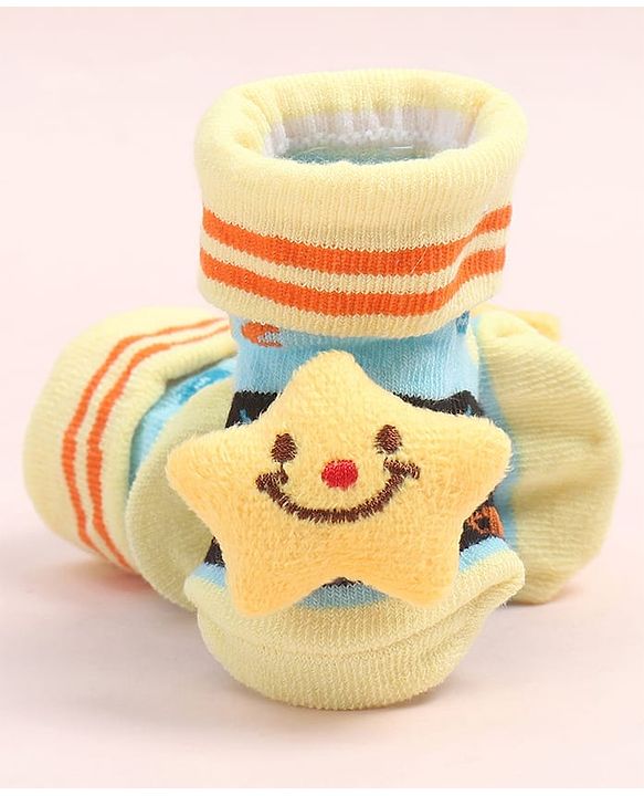 Cute Walk by Babyhug Fabric Ankle Length Socks Shoes with Alphabet Design & Star Applique- Yellow & Black