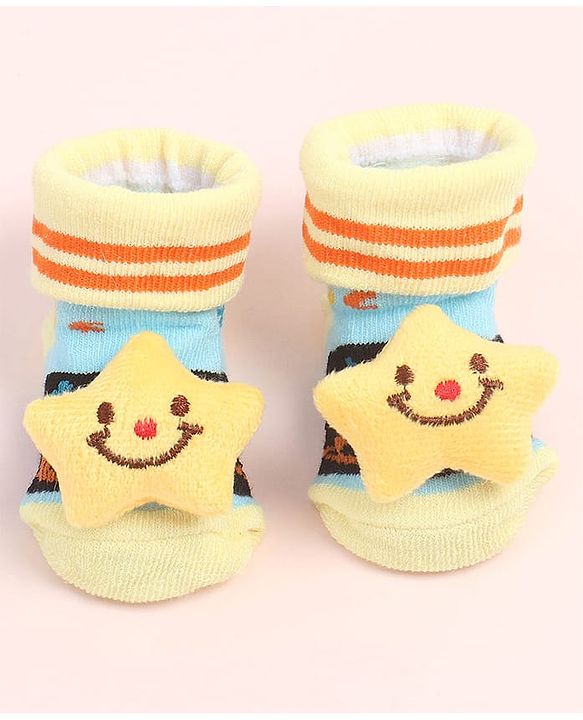 Cute Walk by Babyhug Fabric Ankle Length Socks Shoes with Alphabet Design & Star Applique- Yellow & Black