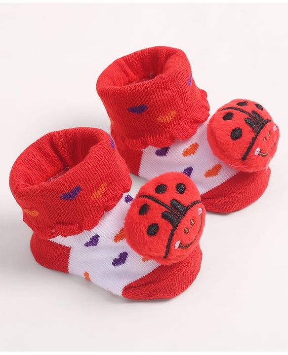 Cute Walk by Babyhug Fabric Ankle Length Socks Shoes with Heart Design & Ladybug Applique- Red & White