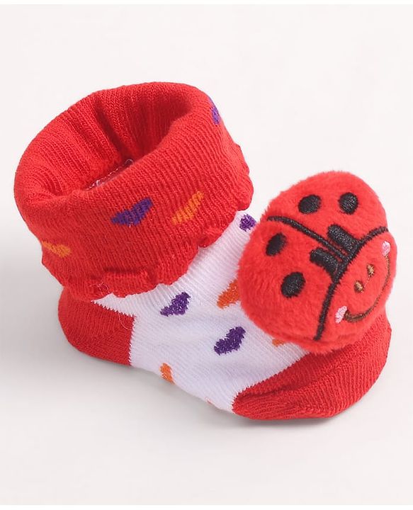 Cute Walk by Babyhug Fabric Ankle Length Socks Shoes with Heart Design & Ladybug Applique- Red & White