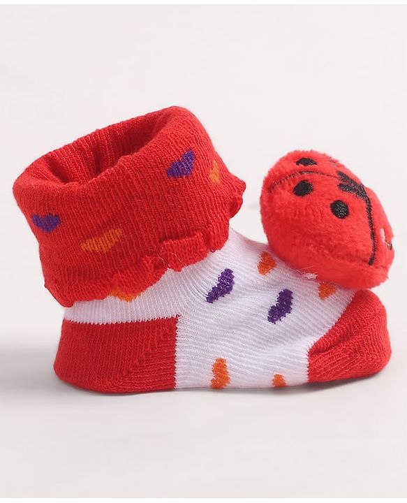 Cute Walk by Babyhug Fabric Ankle Length Socks Shoes with Heart Design & Ladybug Applique- Red & White