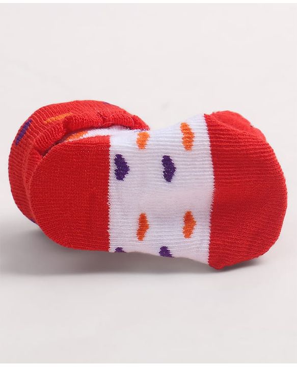 Cute Walk by Babyhug Fabric Ankle Length Socks Shoes with Heart Design & Ladybug Applique- Red & White