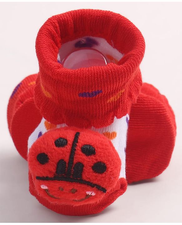 Cute Walk by Babyhug Fabric Ankle Length Socks Shoes with Heart Design & Ladybug Applique- Red & White