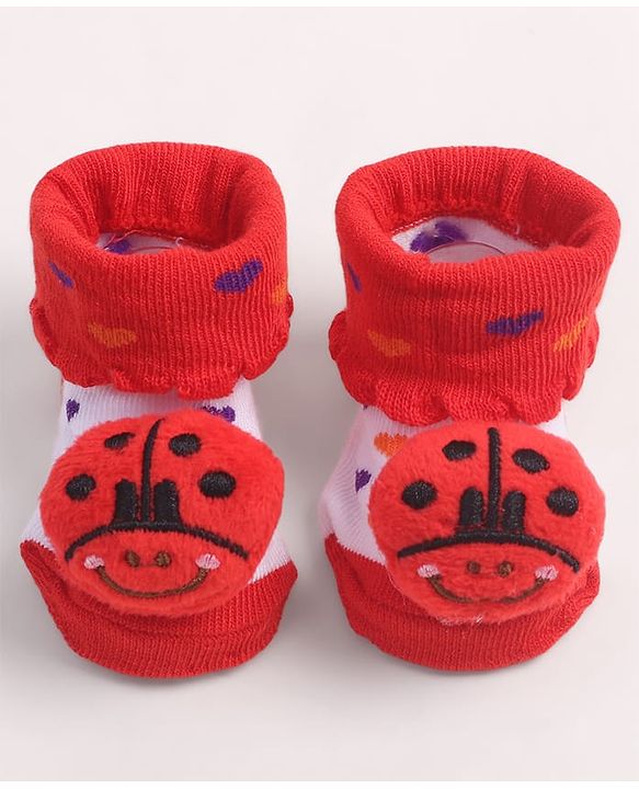 Cute Walk by Babyhug Fabric Ankle Length Socks Shoes with Heart Design & Ladybug Applique- Red & White