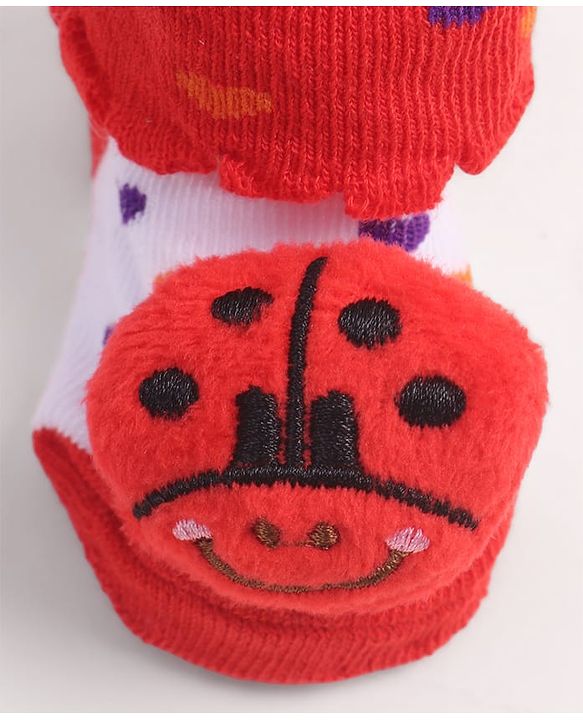 Cute Walk by Babyhug Fabric Ankle Length Socks Shoes with Heart Design & Ladybug Applique- Red & White