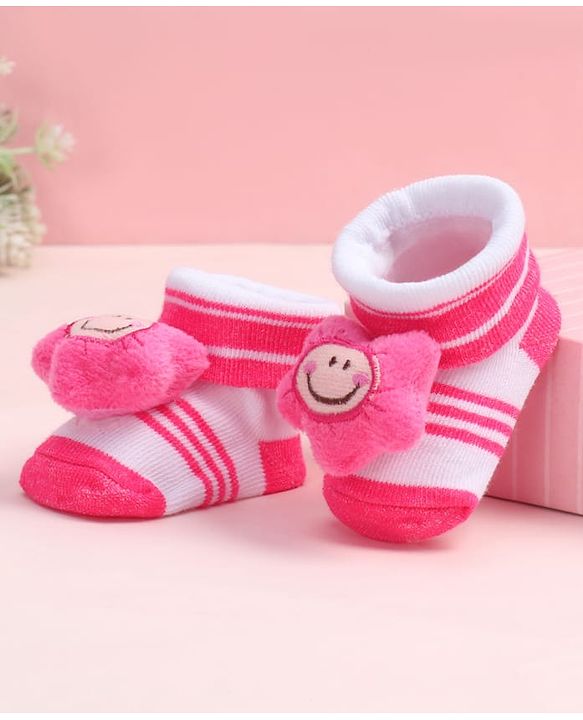 Cute Walk by Babyhug Fabric Ankle Length Socks Shoes with Striped Design & Floral Applique- Pink