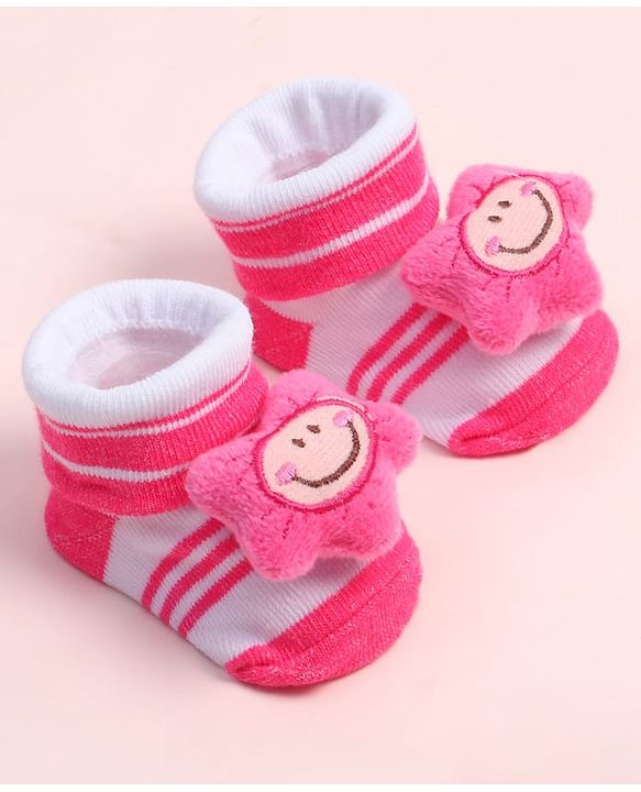 Cute Walk by Babyhug Fabric Ankle Length Socks Shoes with Striped Design & Floral Applique- Pink