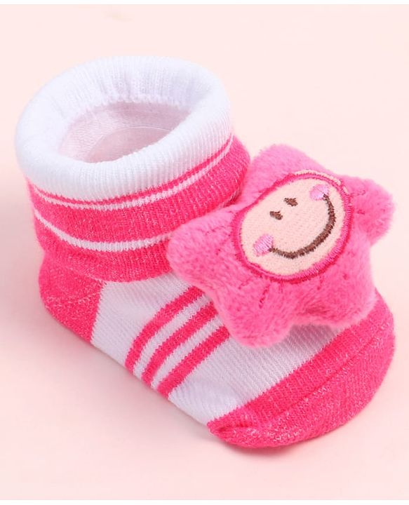 Cute Walk by Babyhug Fabric Ankle Length Socks Shoes with Striped Design & Floral Applique- Pink