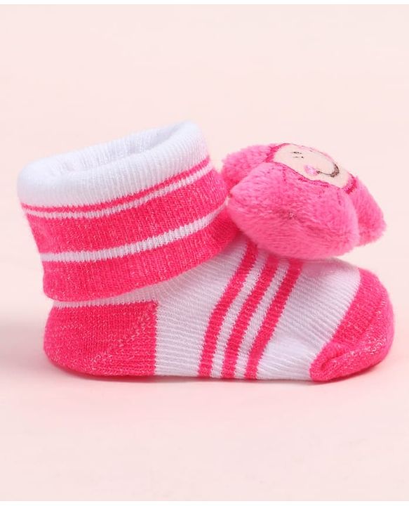 Cute Walk by Babyhug Fabric Ankle Length Socks Shoes with Striped Design & Floral Applique- Pink