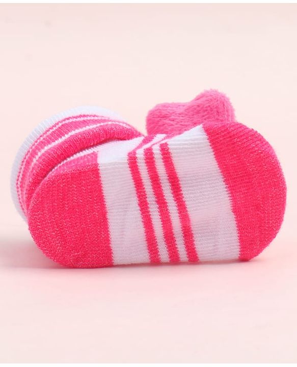 Cute Walk by Babyhug Fabric Ankle Length Socks Shoes with Striped Design & Floral Applique- Pink