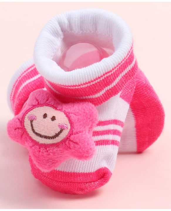 Cute Walk by Babyhug Fabric Ankle Length Socks Shoes with Striped Design & Floral Applique- Pink