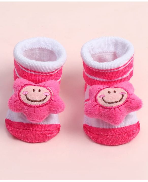 Cute Walk by Babyhug Fabric Ankle Length Socks Shoes with Striped Design & Floral Applique- Pink
