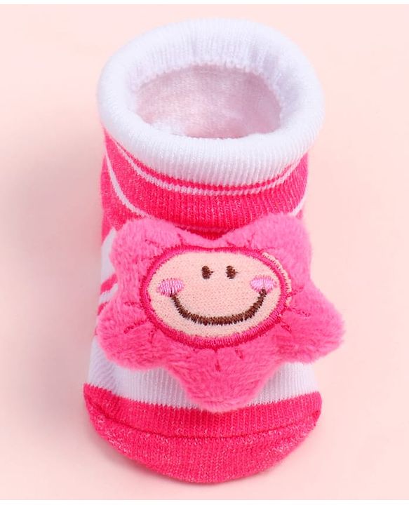 Cute Walk by Babyhug Fabric Ankle Length Socks Shoes with Striped Design & Floral Applique- Pink